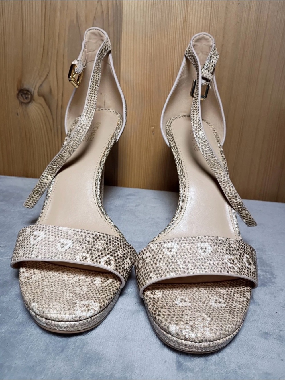 Michael Kors Beige Metallic Snake-Print Slingback Heels
